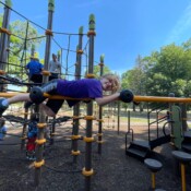A boy posing while on the playset.